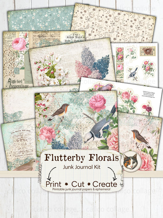 Flutterby Florals Junk Journal Kit, Bird Ephemera
