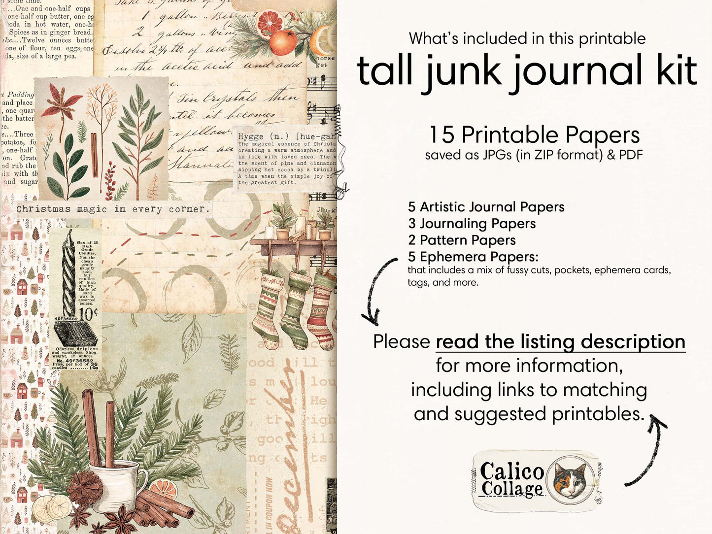 Christmas Tall Junk Journal Kit, Hygge Christmas Ephemera