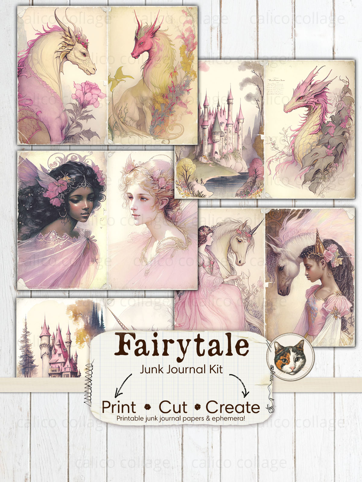 Fairytale Junk Journal Kit, Unicorn Ephemera