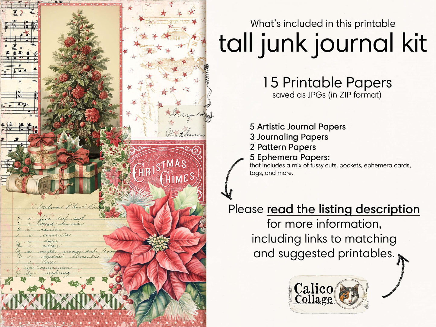 Christmas Tall Junk Journal Kit, Christmas Ephemera Printable