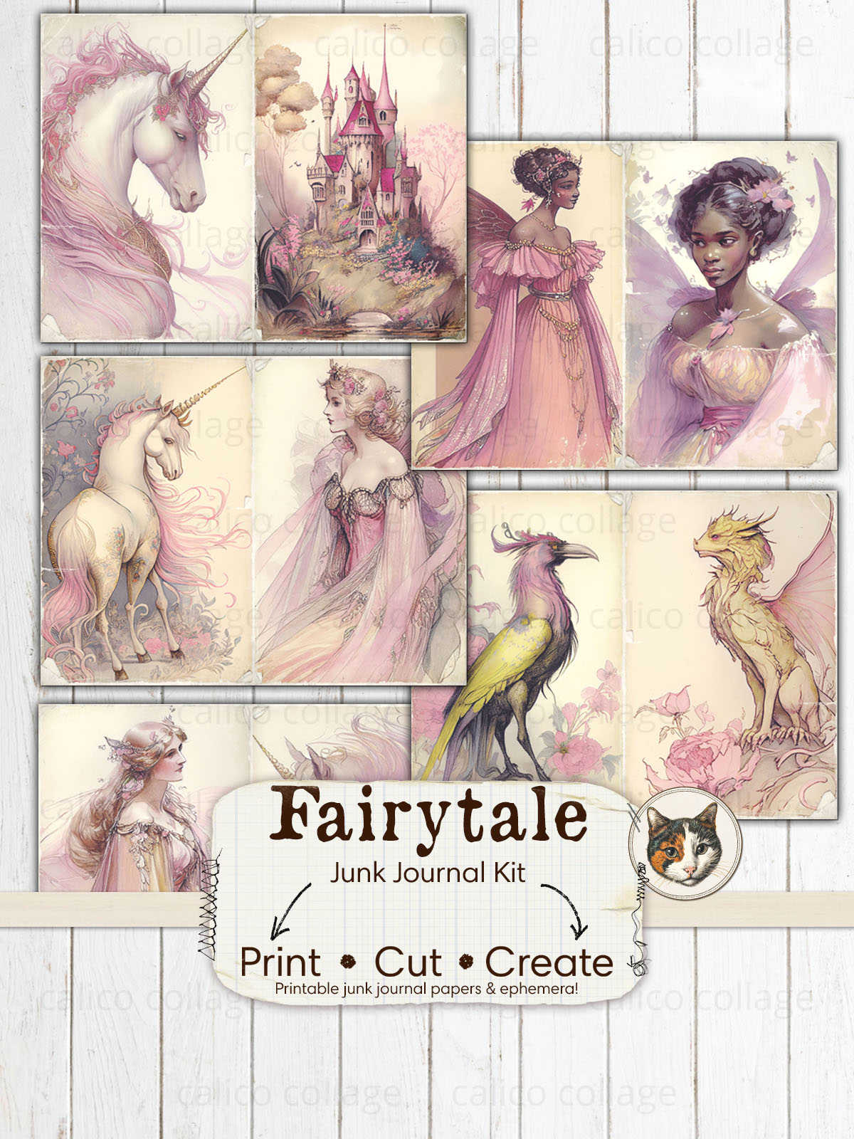 Fairytale Junk Journal Kit, Unicorn Ephemera