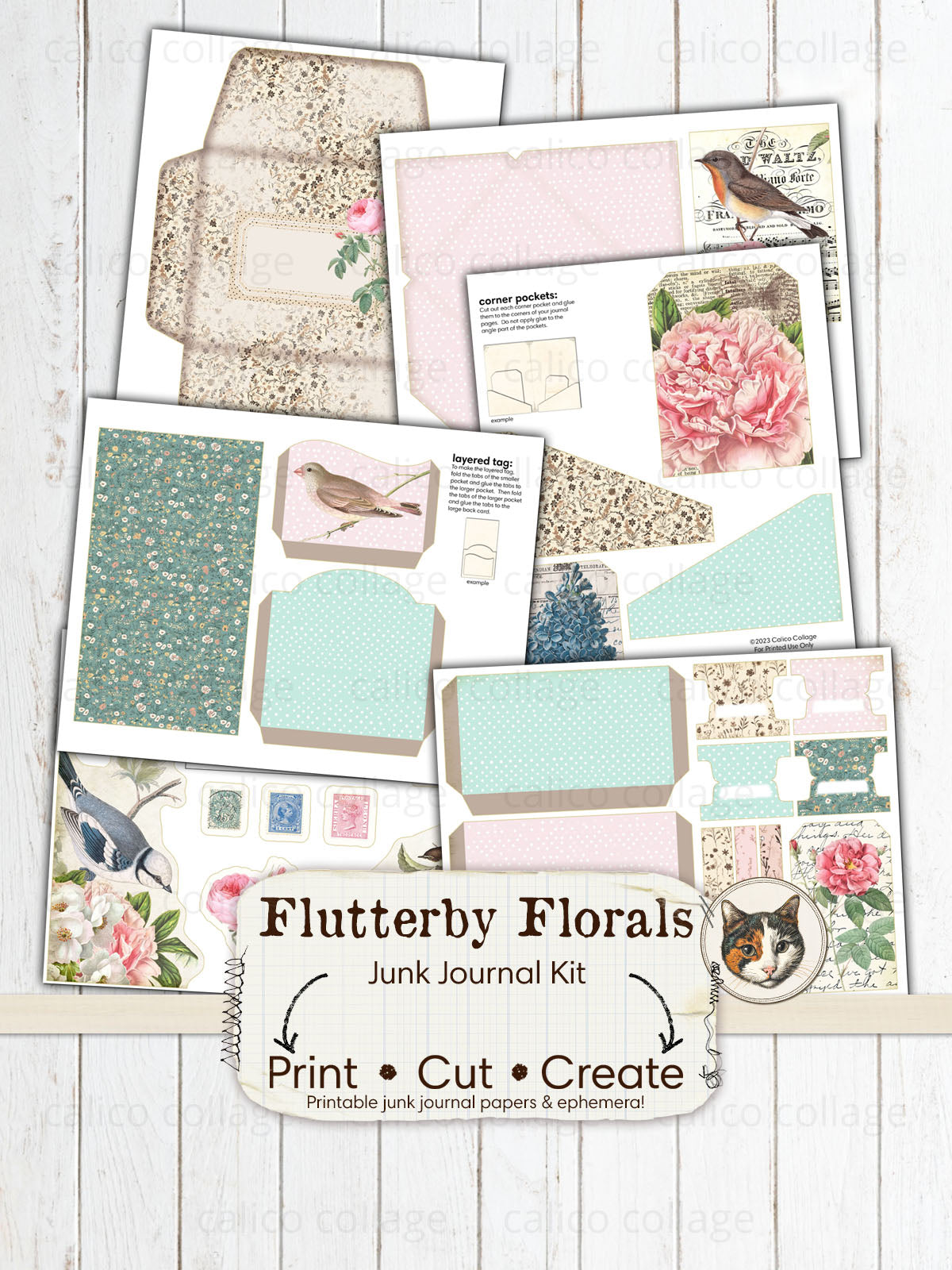 Flutterby Florals Junk Journal Kit, Bird Ephemera