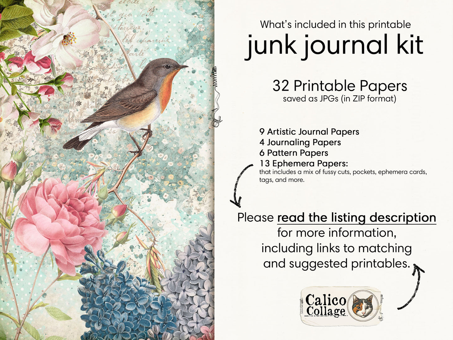 Flutterby Florals Junk Journal Kit, Bird Ephemera