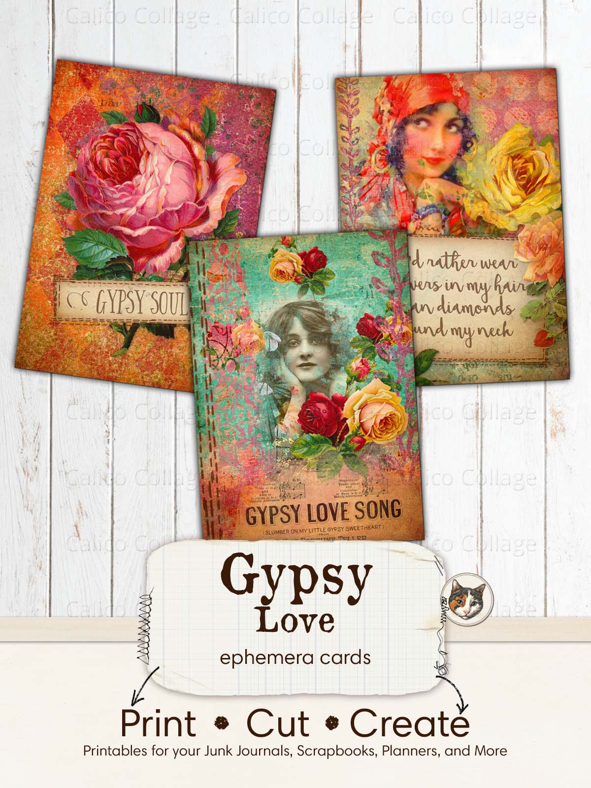 Bohemian Junk Journal Printable, Gypsy Love Ephemera Cards