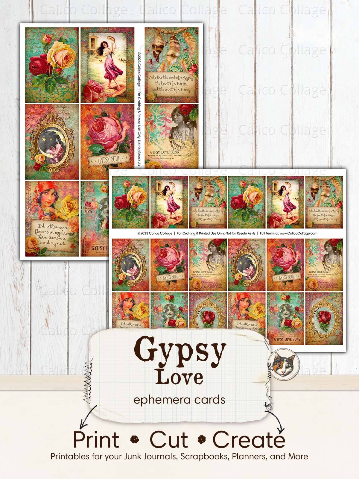 Bohemian Junk Journal Printable, Gypsy Love Ephemera Cards