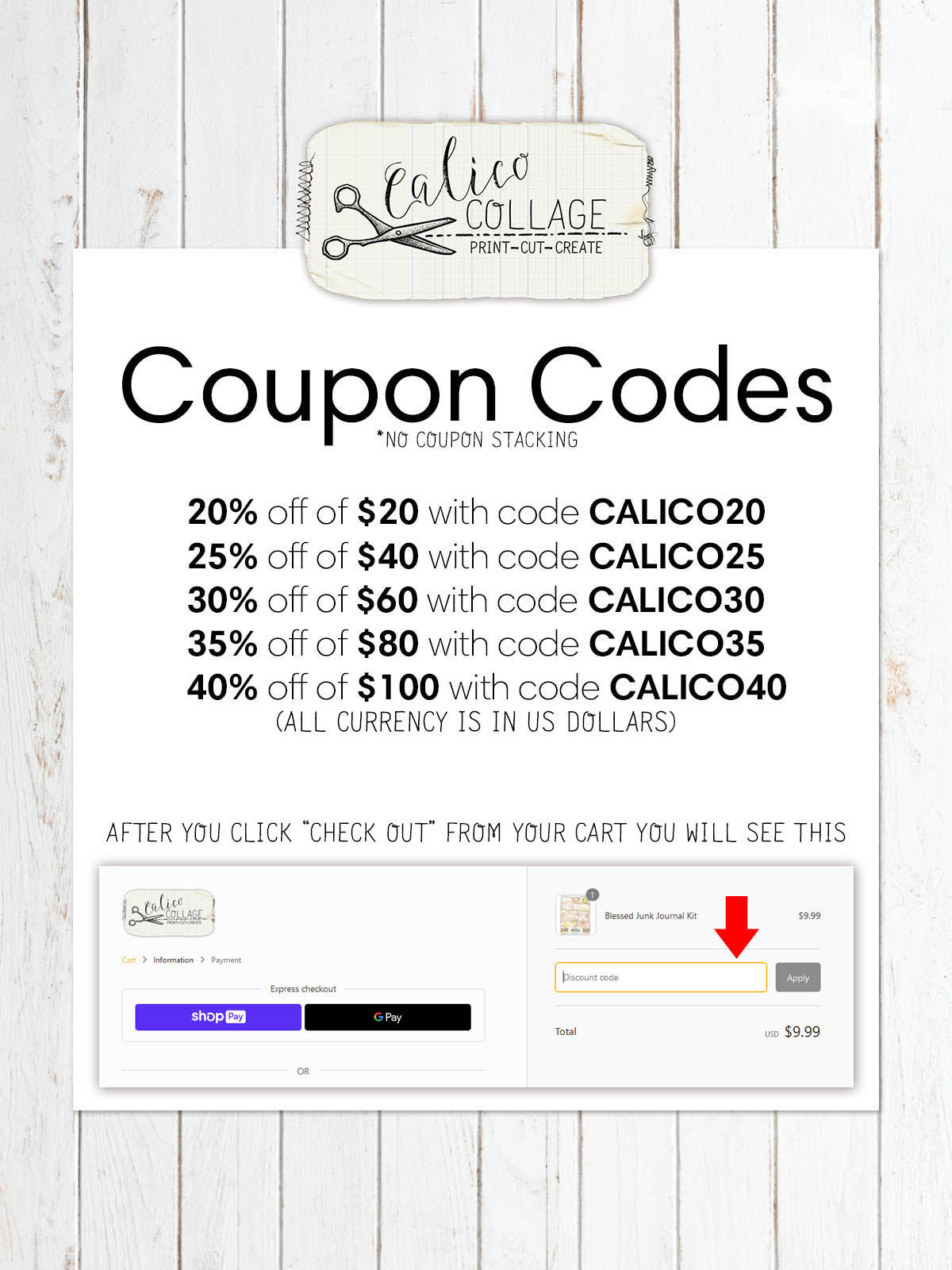 Calico Collage's Junk Journal Printables and Ephemera Packs Coupon Codes