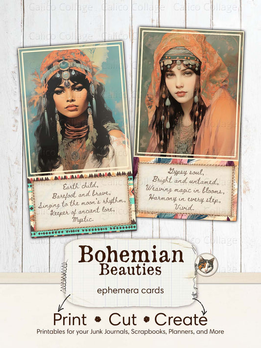 Boho Women Ephemera Junk Journal Printable, Bohemian Ephemera Cards