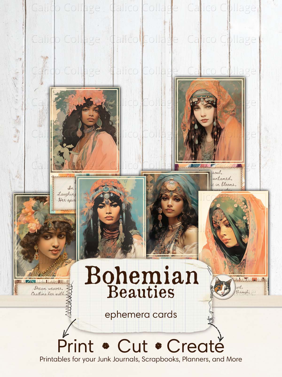 Boho Women Ephemera Junk Journal Printable, Bohemian Ephemera Cards