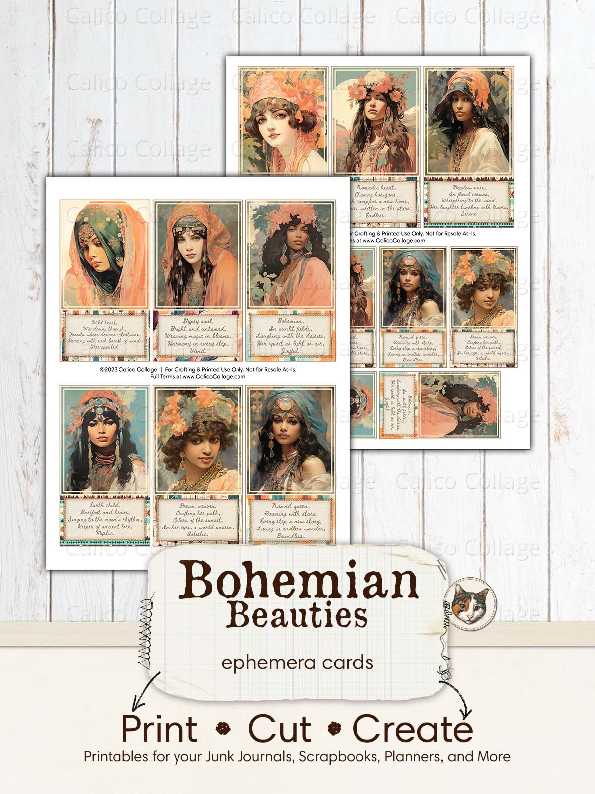 Boho Women Ephemera Junk Journal Printable, Bohemian Ephemera Cards