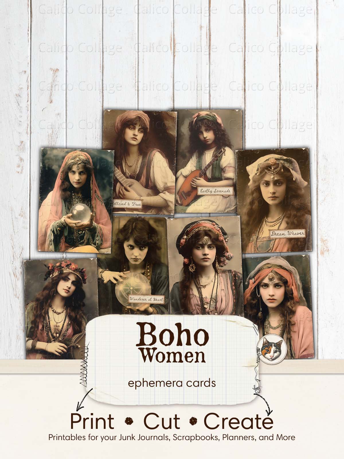 Bohemian Junk Journal Printable, Boho Women Ephemera Cards
