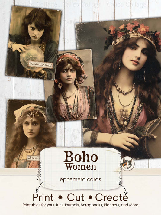Bohemian Junk Journal Printable, Boho Women Ephemera Cards