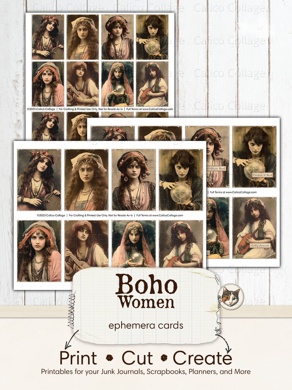 Bohemian Junk Journal Printable, Boho Women Ephemera Cards