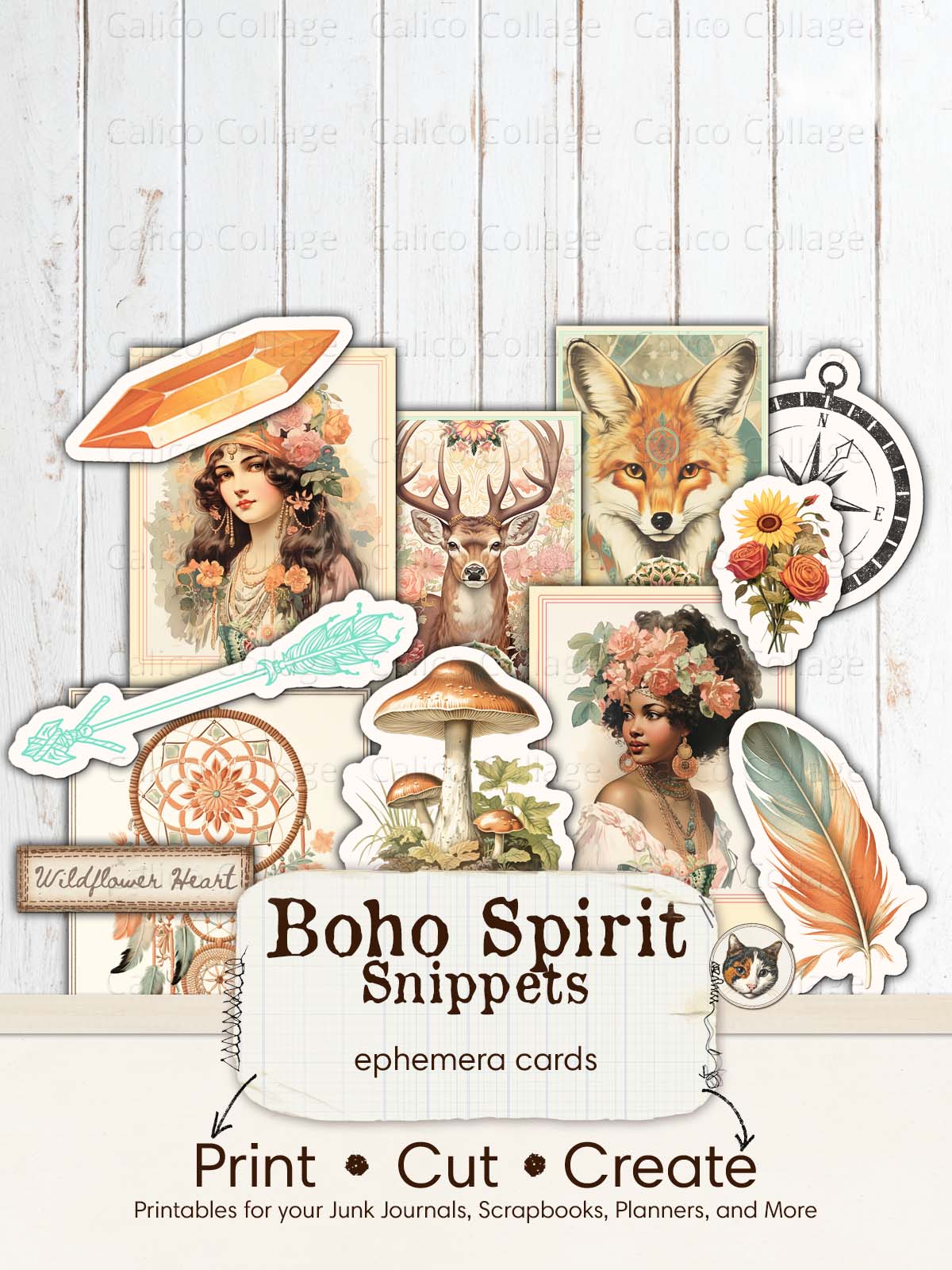 Boho Fussy Cuts, Bohemian Junk Journal Printable Ephemera
