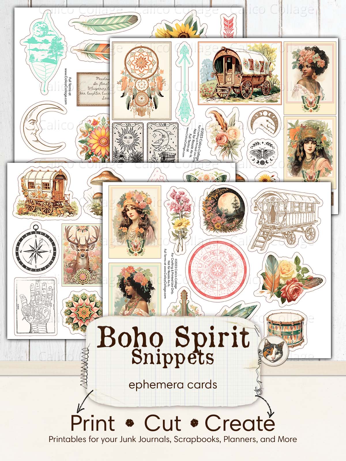 Boho Fussy Cuts, Bohemian Junk Journal Printable Ephemera