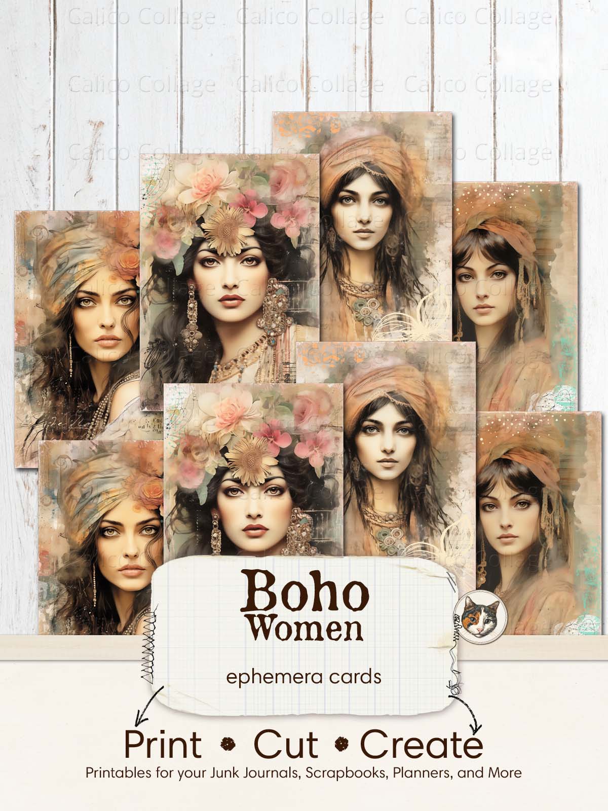 Boho Ephemera Junk Journal Printable, Gypsy Women Ephemera Cards