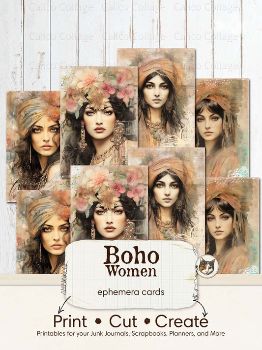 Boho Ephemera Junk Journal Printable, Gypsy Women Ephemera Cards