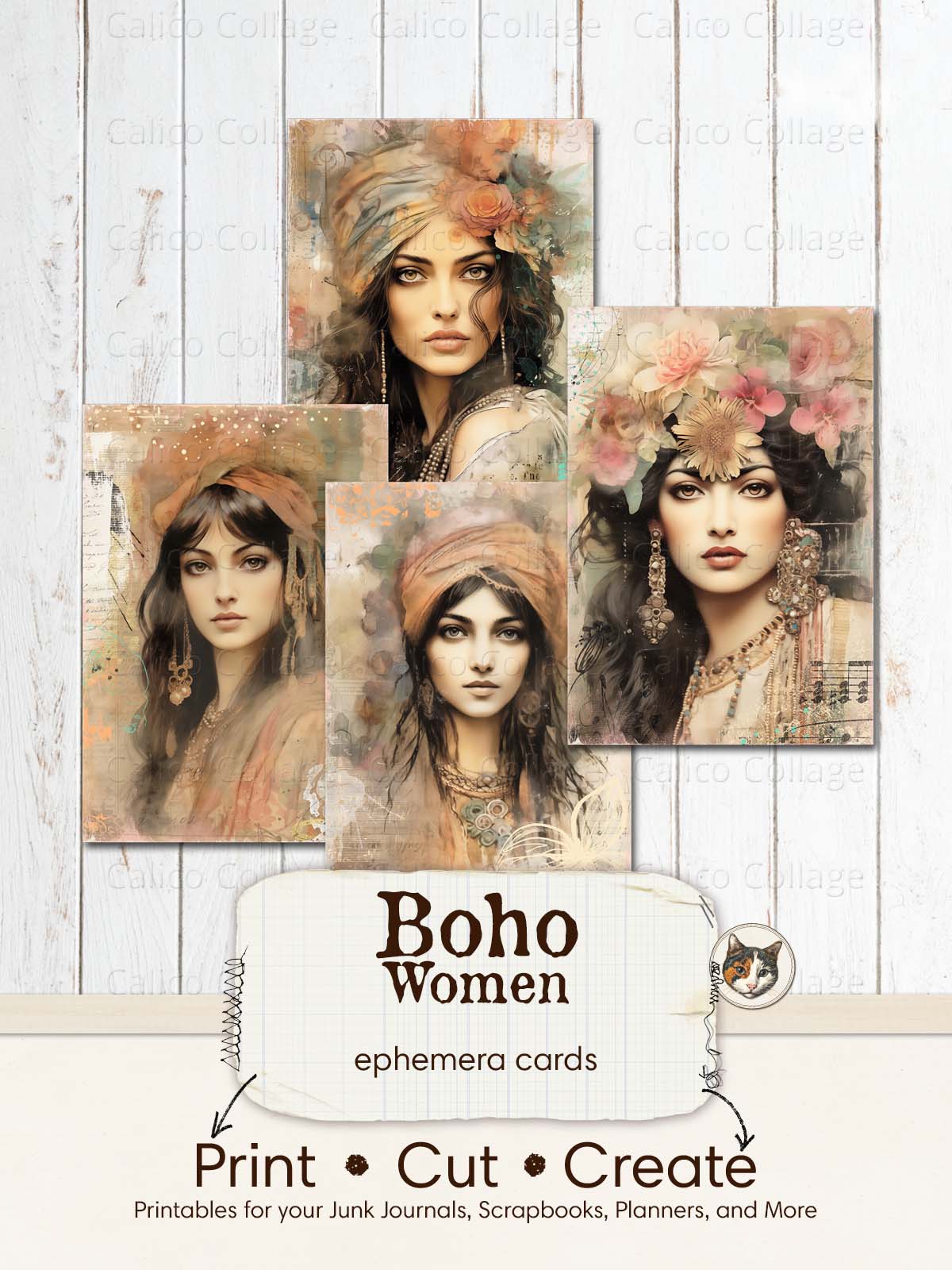 Boho Ephemera Junk Journal Printable, Gypsy Women Ephemera Cards