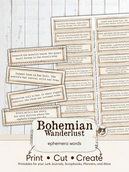 Bohemian Junk Journal Words, Gypsy Ephemera Words