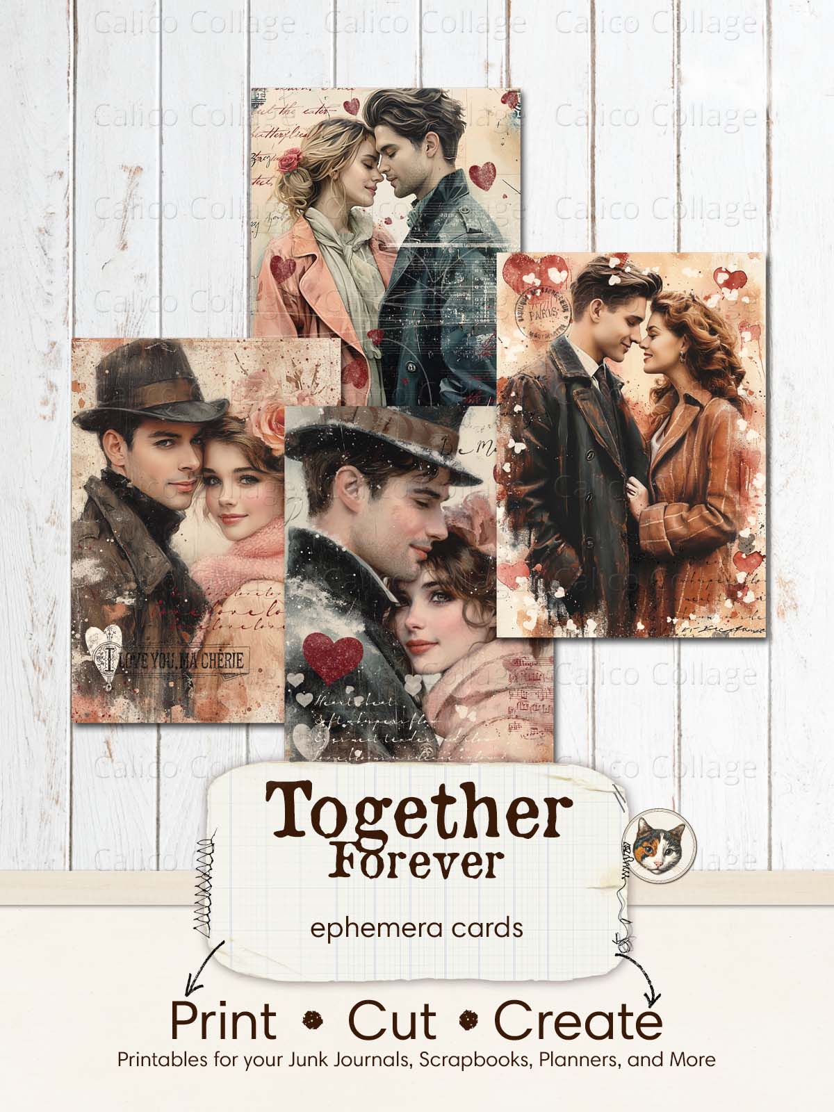 Valentine Junk Journal Printable, Couples Ephemera Cards