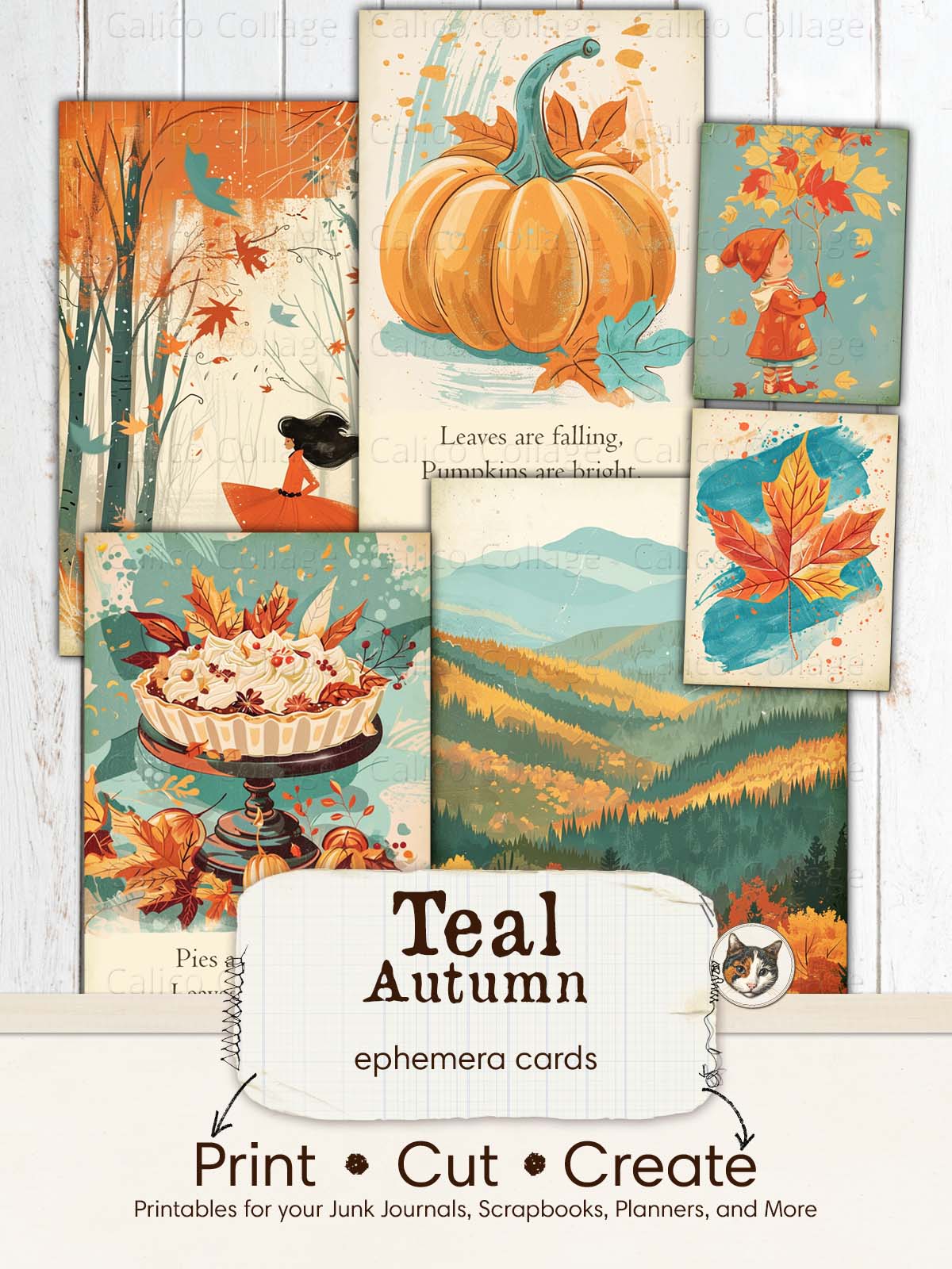 Teal Autumn Ephemera Cards, Fall Junk Journal Ephemera