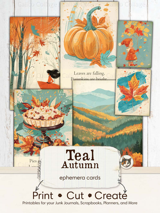 Teal Autumn Ephemera Cards, Fall Junk Journal Ephemera