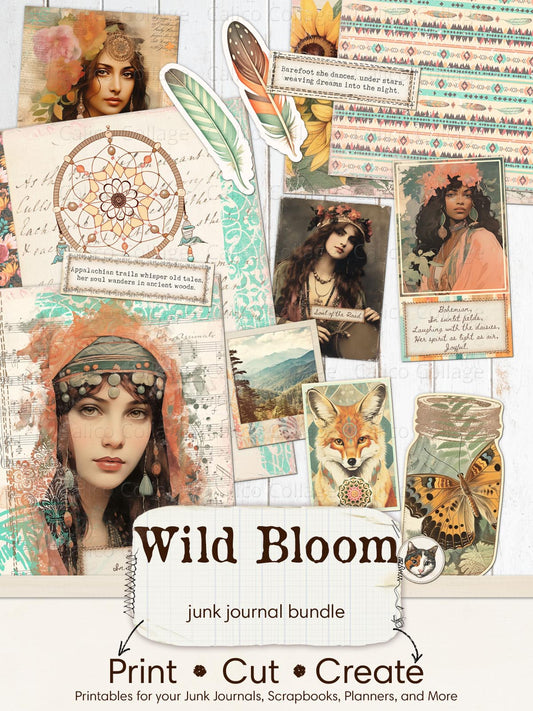 Wild Bloom Junk Journal Bundle, Boho Chic Junk Journal Printables