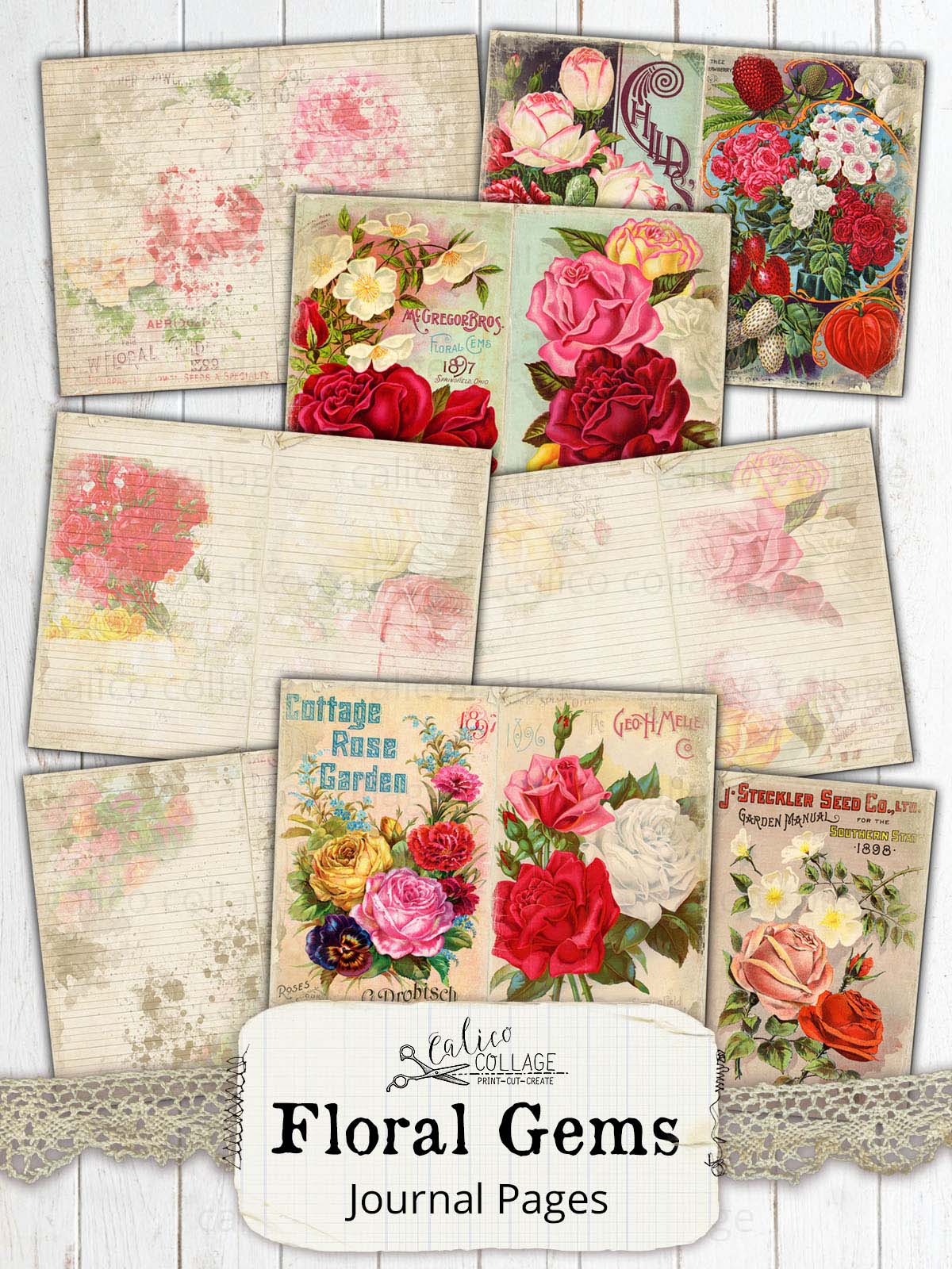Printable Floral Gems Junk Journal Papers