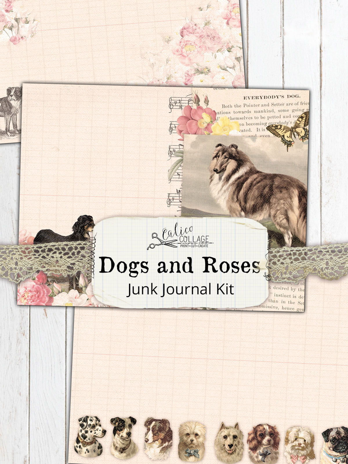 Dogs And Roses Printable Junk Journal Kit