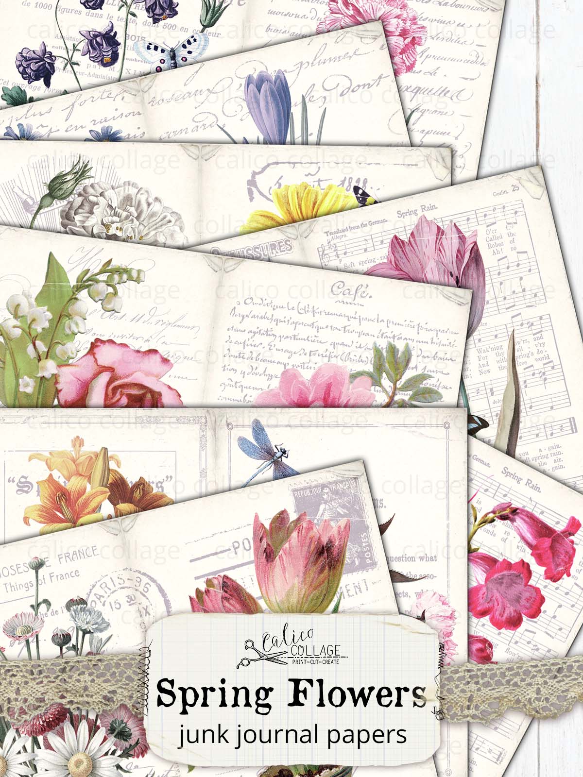 Spring Flowers Junk Journal Papers
