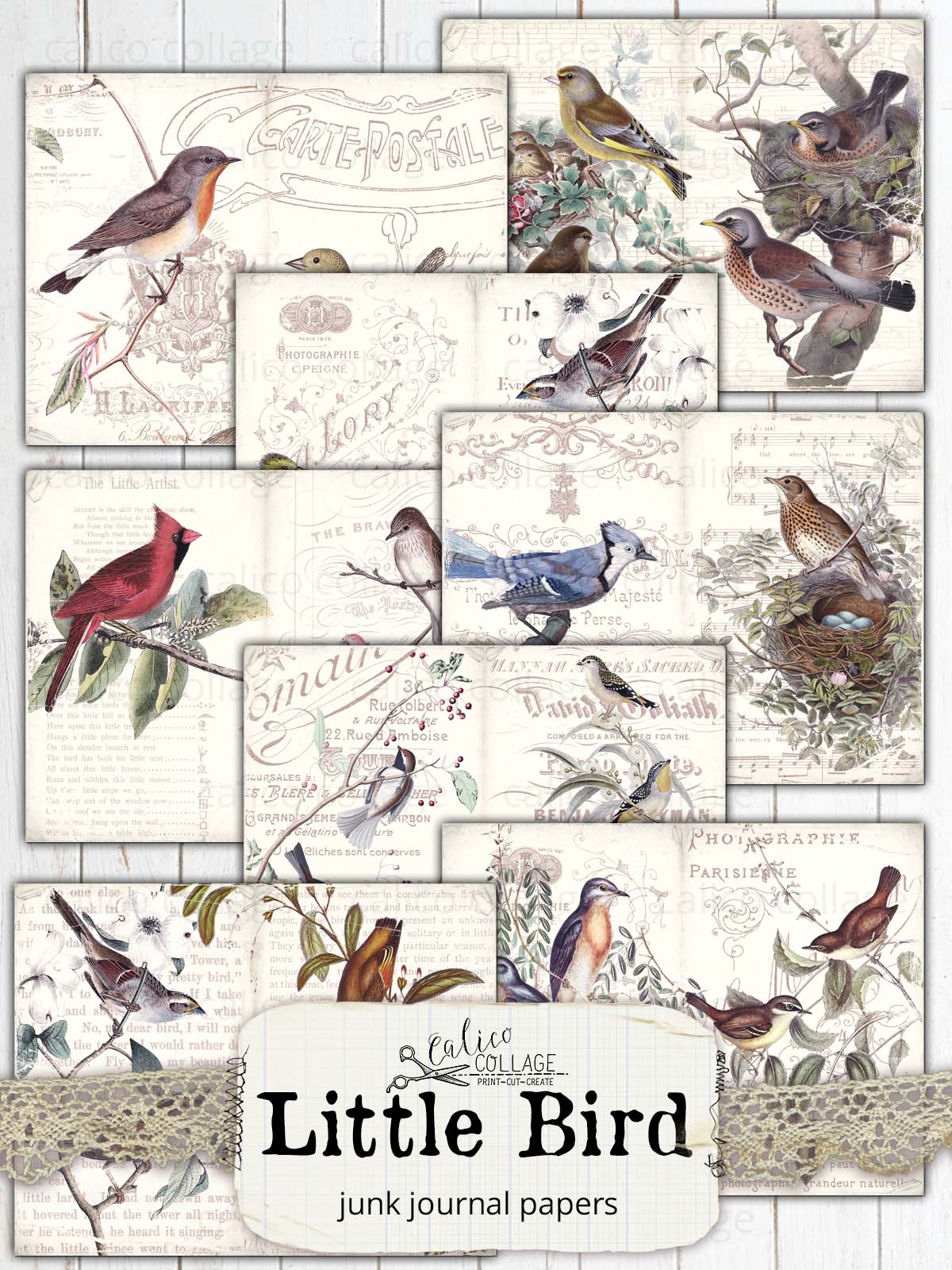 Bird Junk Journal Papers, Little Bird Ephemera