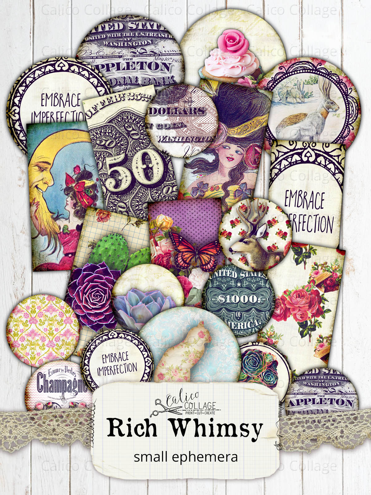 Rich Whimsy Digital Collage Sheets, Small Ephemera Pack