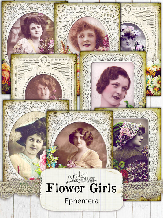 Printable Junk Journal Ephemera, Flower Girls, Flowers and Lace
