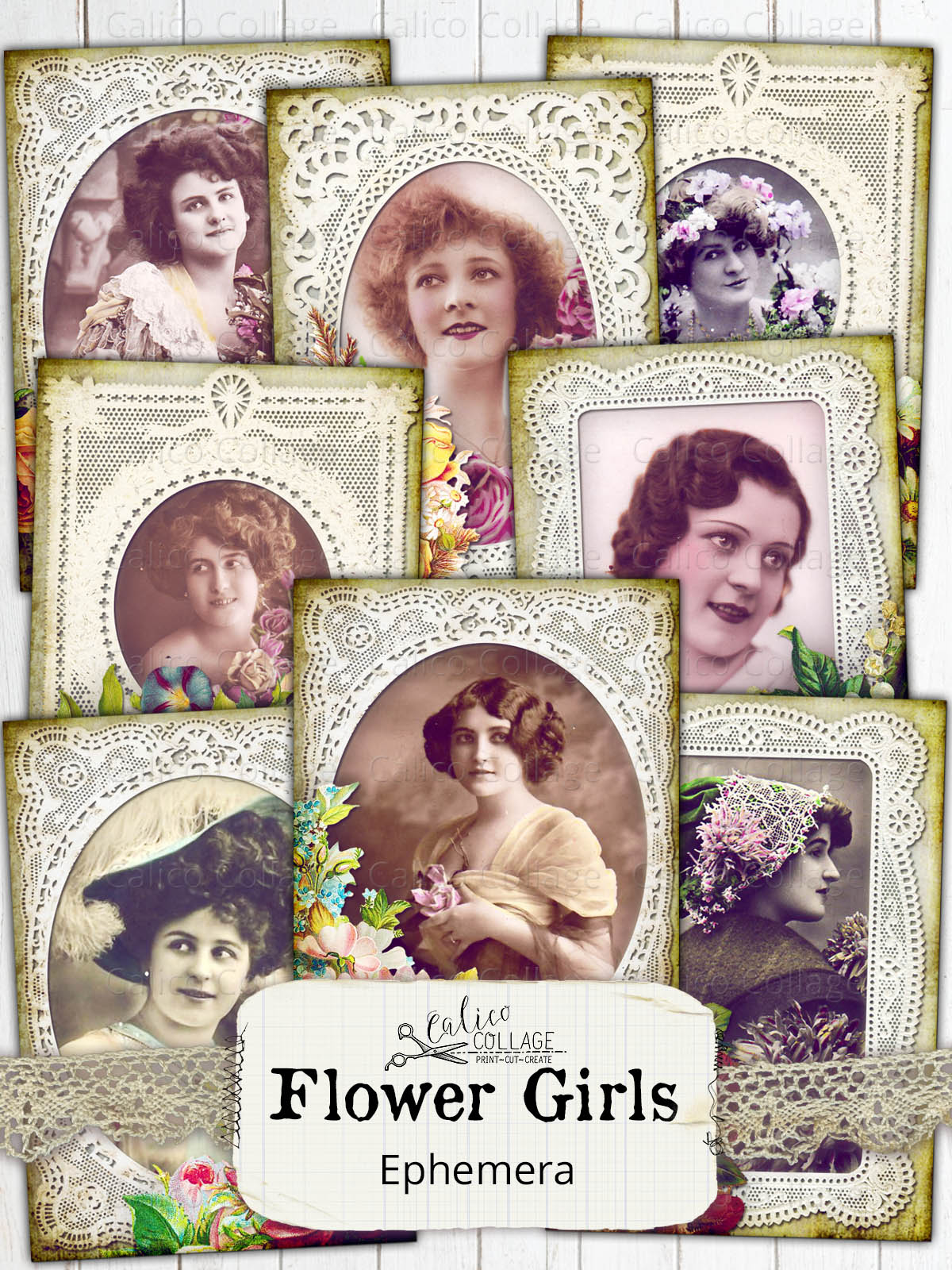 Printable Junk Journal Ephemera, Flower Girls, Flowers and Lace