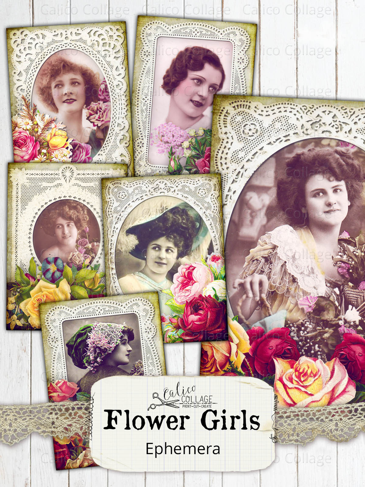 Printable Junk Journal Ephemera, Flower Girls, Flowers and Lace