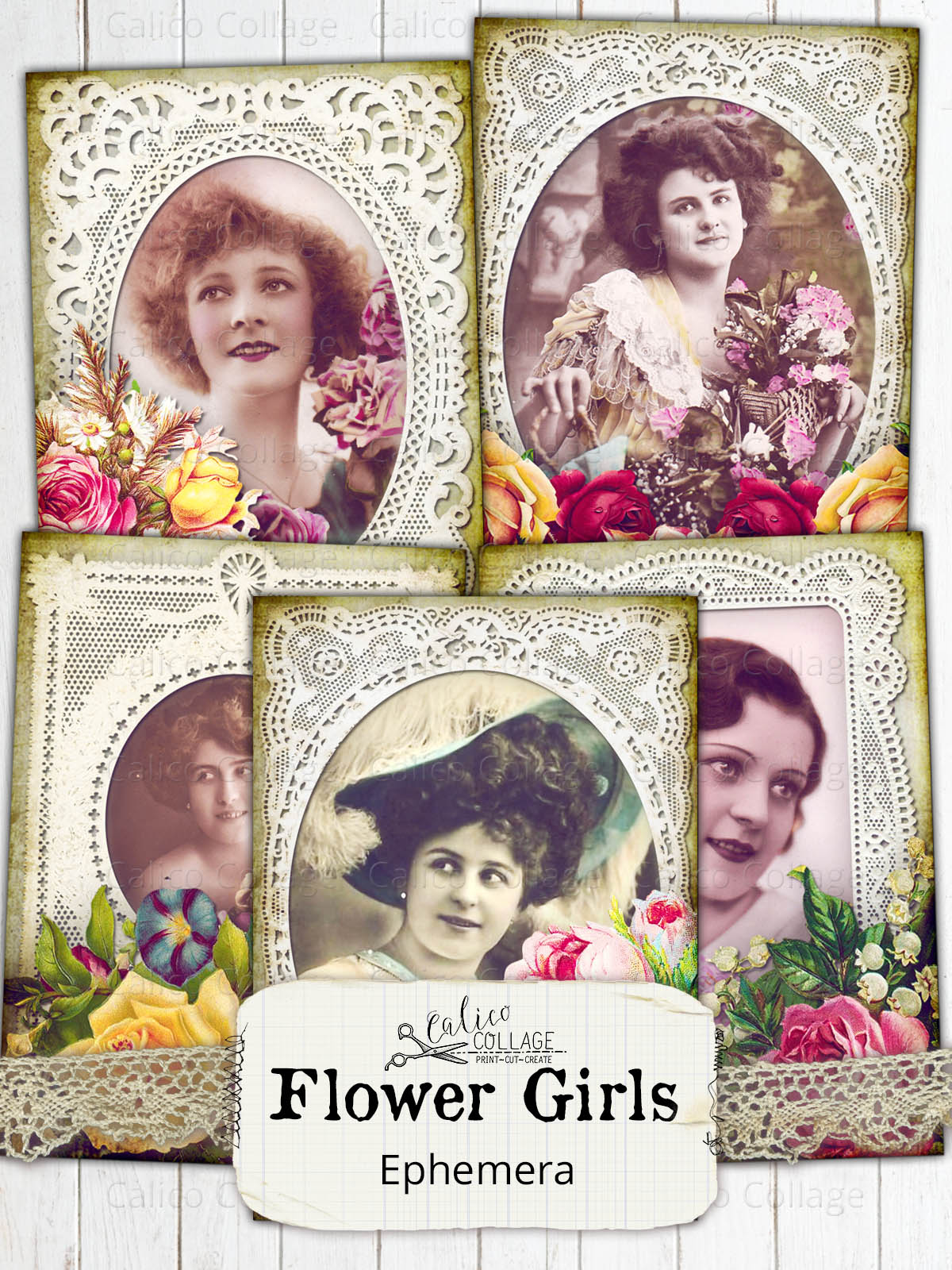 Printable Junk Journal Ephemera, Flower Girls, Flowers and Lace