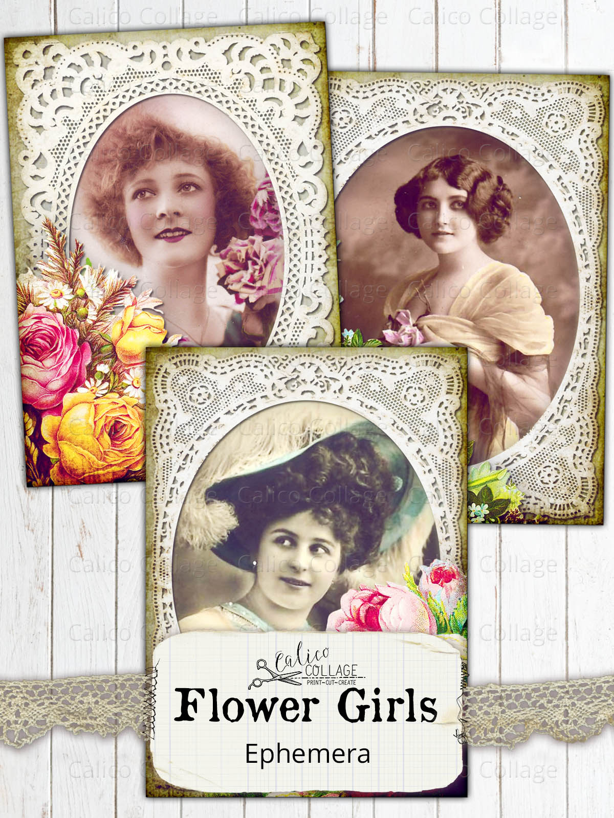 Printable Junk Journal Ephemera, Flower Girls, Flowers and Lace