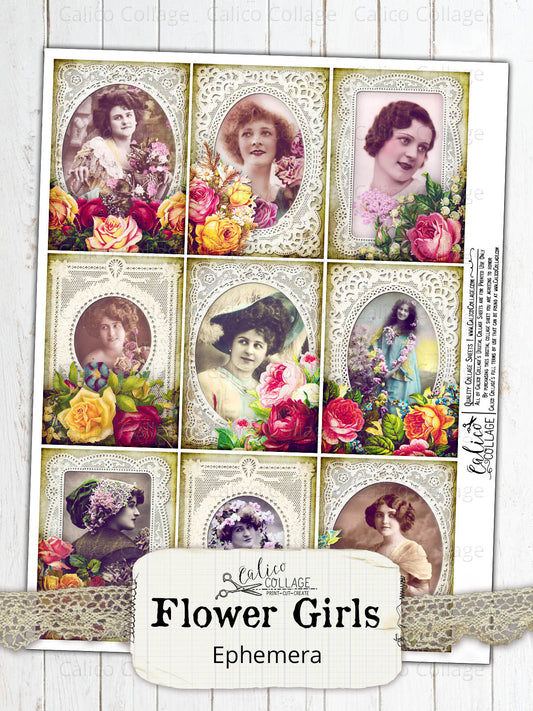 Printable Junk Journal Ephemera, Flower Girls, Flowers and Lace