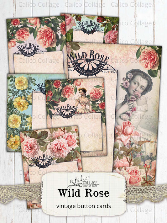 Wild Rose Vintage Button Card Ephemera