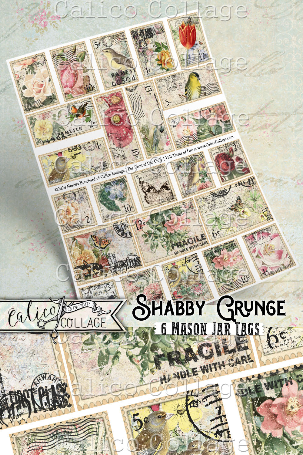 Printable Faux Stamps, Shabby Grunge