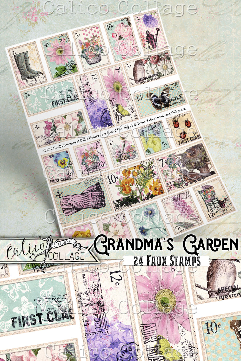 Vintage Postage Stamps Flowers Printables, Junk Journal Ephemera