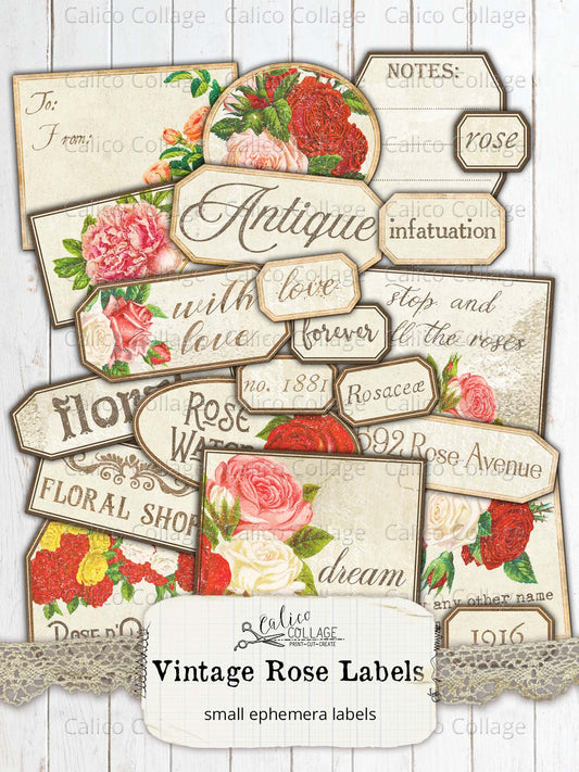 Vintage Rose Labels, Junk Journal Supplies