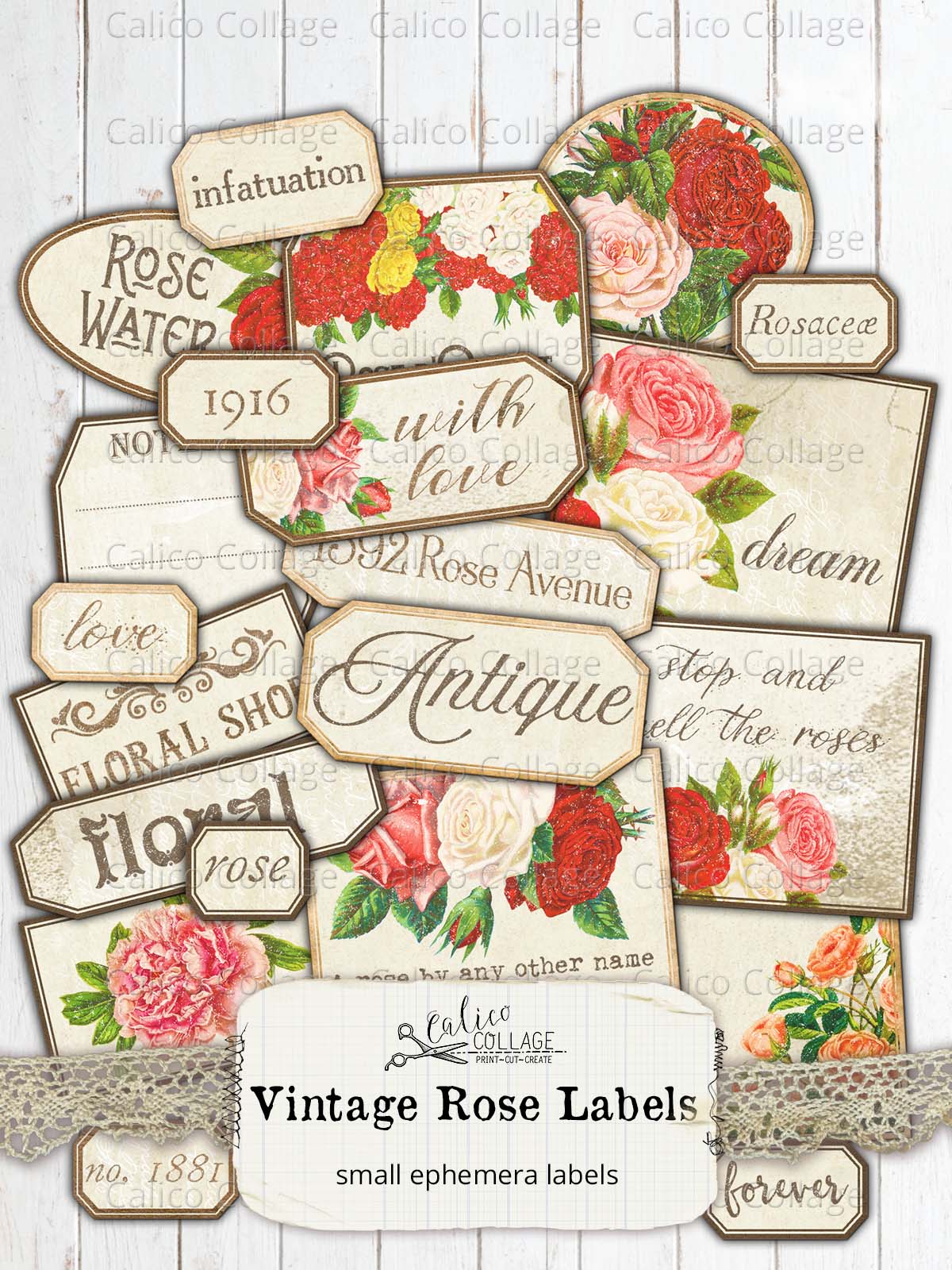 Vintage Rose Labels, Junk Journal Supplies