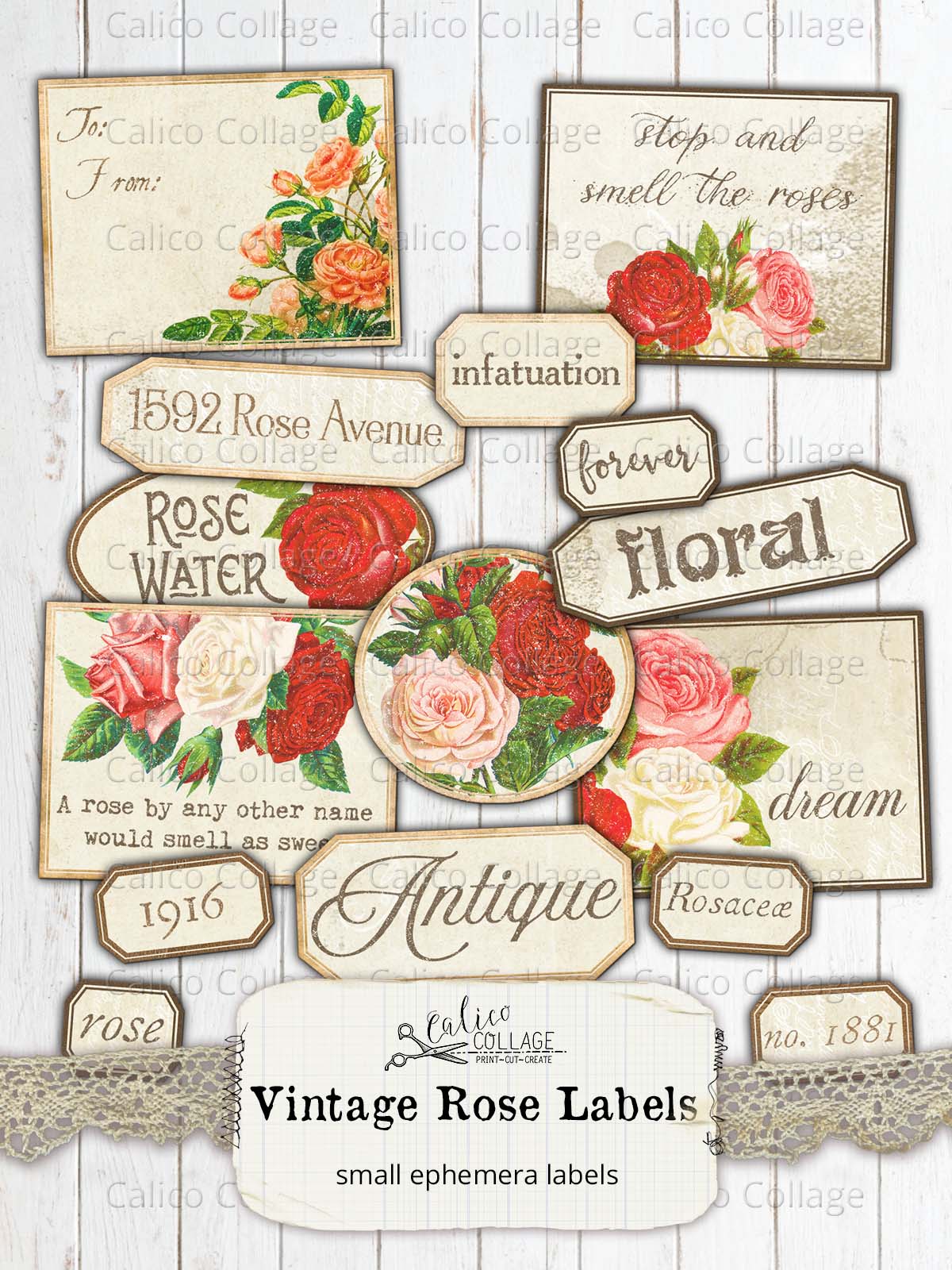 Vintage Rose Labels, Junk Journal Supplies