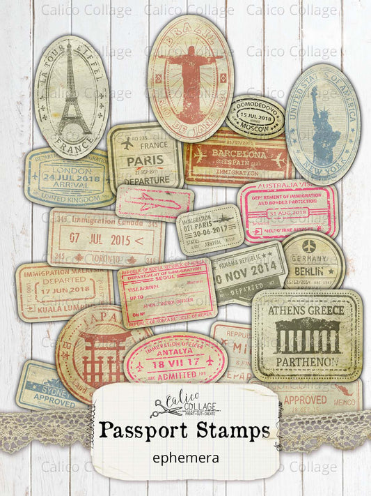 Printable Passport Stamps, Junk Journal Supplies