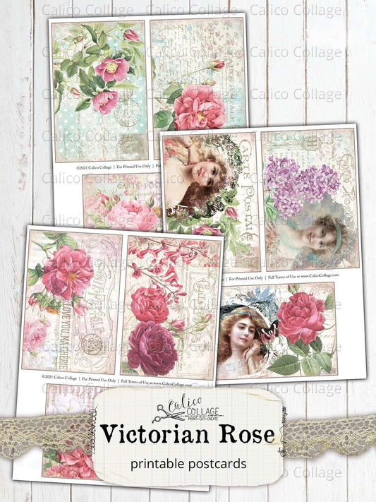 Shabby Chic Postcard Ephemera, Victorian Rose