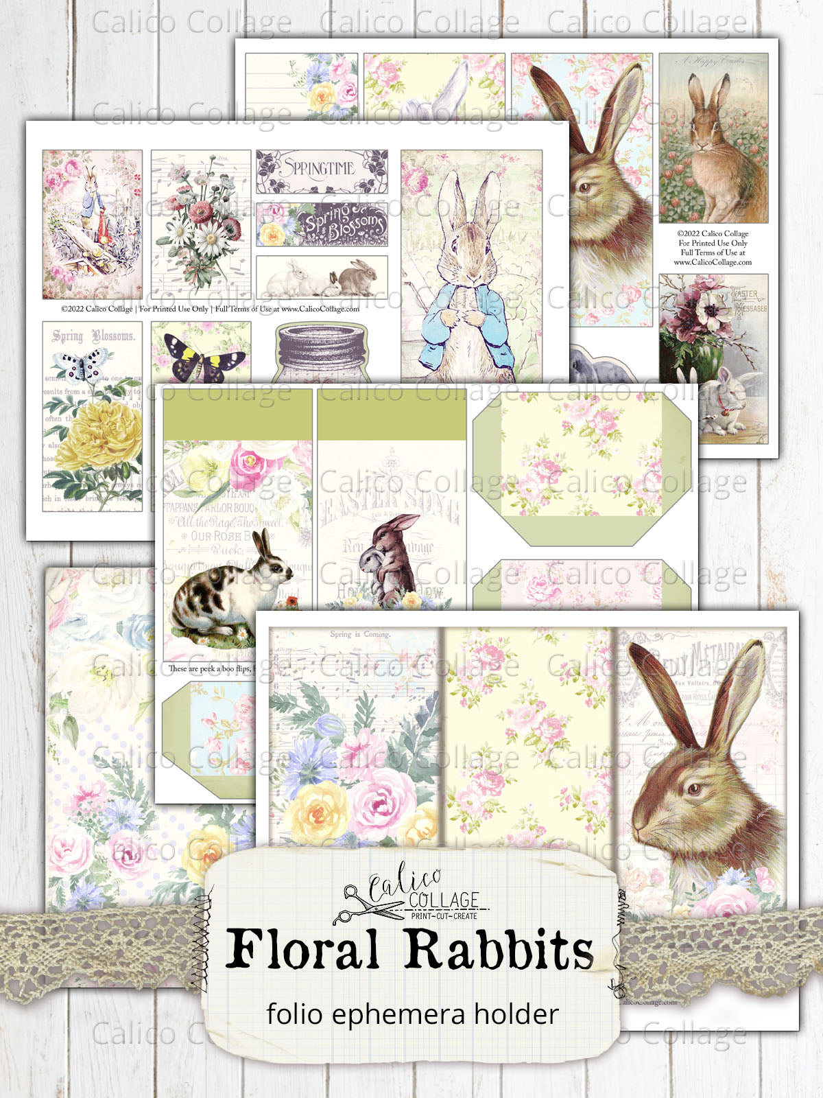 Spring Junk Journal Folio Kit, Floral Rabbits