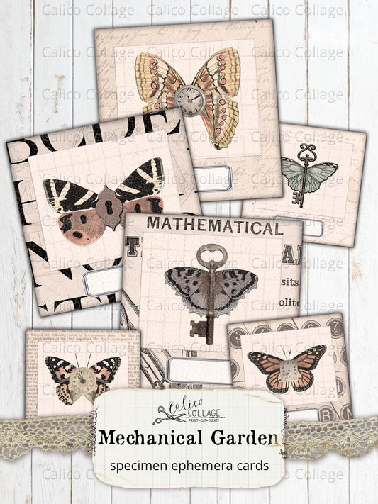 Steampunk Specimen Cards, Junk Journal Ephemera, Mechanical Garden
