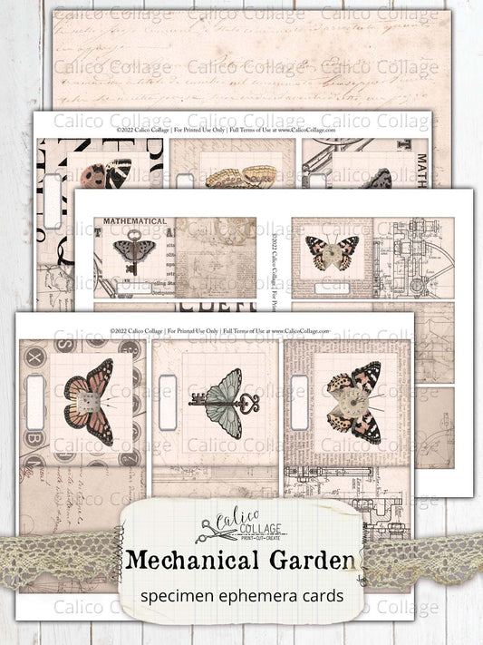 Steampunk Specimen Cards, Junk Journal Ephemera, Mechanical Garden