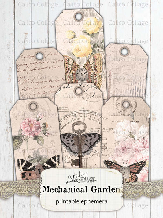 Steampunk Junk Journal Tags, Mechanical Garden