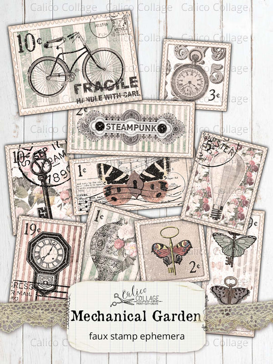 Steampunk Faux Stamps, Junk Journal Ephemera, Mechanical Garden